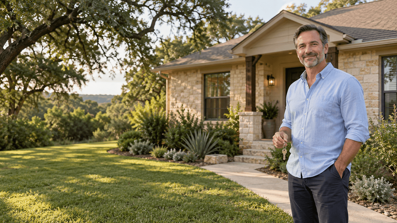 Rental property owner holding house keys in front of a stone Texas rental home
